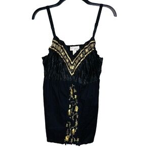 Venezia Black Smocked Gold Embellished Spaghetti Strap Top